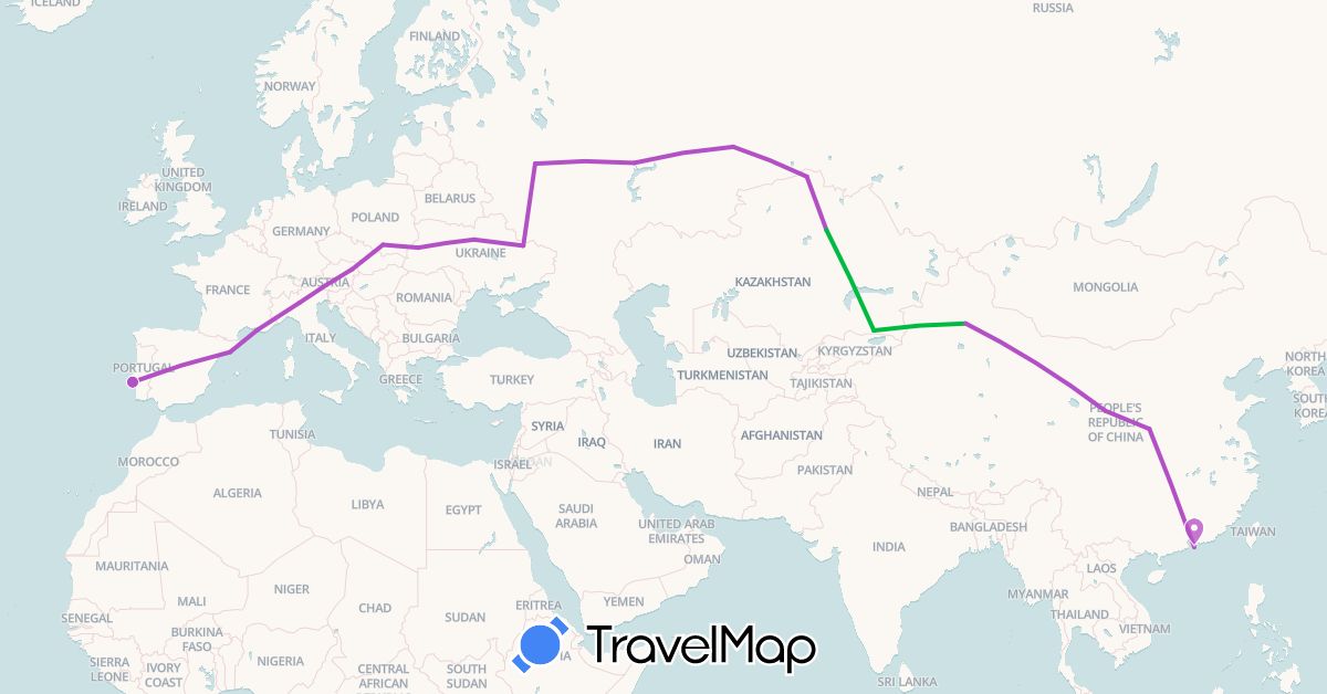 TravelMap itinerary: driving, bus, train in Austria, China, Spain, France, Italy, Kazakhstan, Poland, Portugal, Russia, Ukraine (Asia, Europe)
